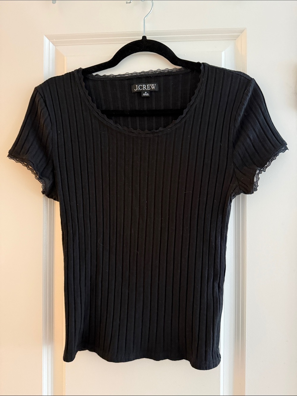 J. Crew Black Pointelle Ribbed Short Sleeve Top with Lace Trim